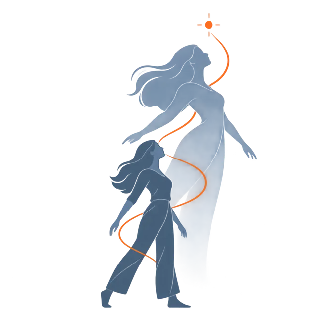 Illustration: a figure reaching toward her future self, joined by an orange thread