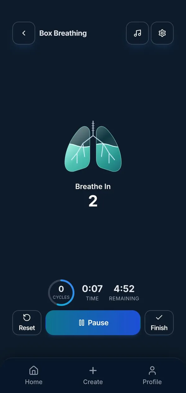 A Box Breathing session in the Medifestation app: animated lungs, ‘Breathe In 2’, a cycle timer and a Pause button