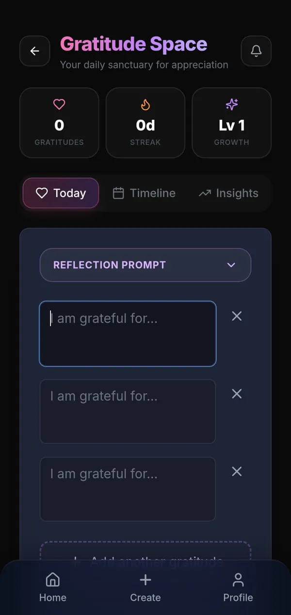 The Medifestation app’s Gratitude Space, with prompts that start ‘I am grateful for…’